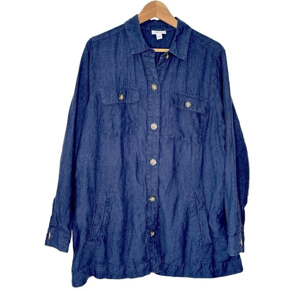 J. Jill Navy Blue 100% Linen Shirt Jacket Button Down Lagenlook Shacket Size L - Picture 1 of 8
